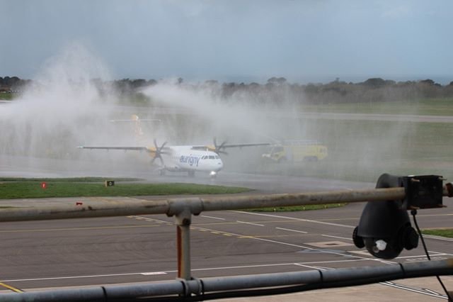Today 12th March the Guernsey Airport Fire and Rescue Service gave a water salute for the first aurignygsy exeterairport service from Guernsey.